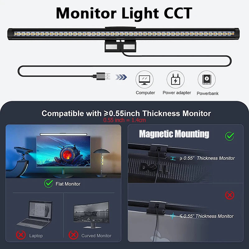 Eye-Care Screen Light Bar 44cm Aluminum Knob Remote Table Computer Monitor LED Task Lamp USB Magnetic Light Office Desk Lamp