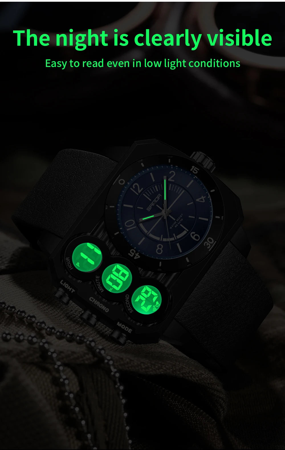 SANDA Fashion Electronic Watch Outdoor Sports Multi functional Waterproof Night Light Dual Display Men's Electronic Watch 6237