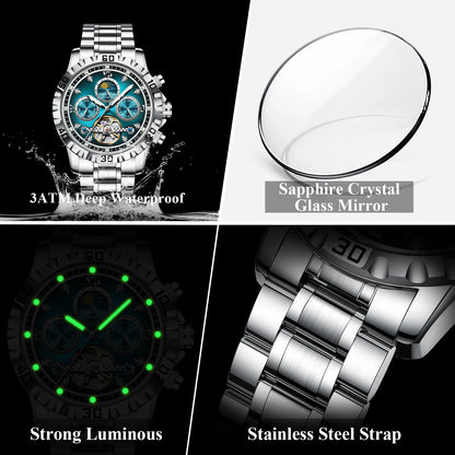 POEDAGAR Military Luxury Men Clock Mechanical Waterproof Man Watch Hollow Tourbillon Automatic Stainless Steel Men's Watches+Box