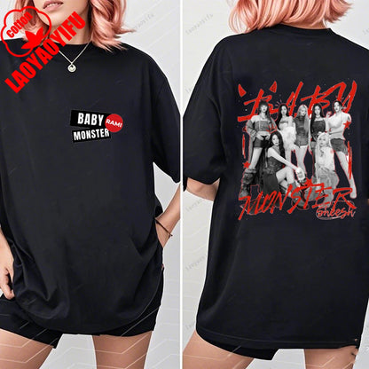 BABYMONSTER Kpop Band T-shirt Korean Fashion Summer Double Sided Tee Short Sleeve Cotton Comfortable Tshirts Women/Men Clothes