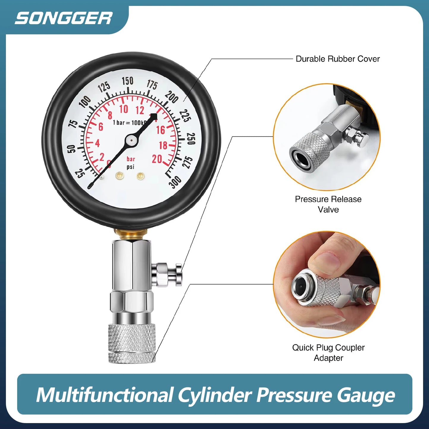 Cylinder Compression Tester Kit 0-300 PSI Dual Scale Quick Coupler Brass Fittings Gauge Engine Diagnostic Tool Car Motorcycle