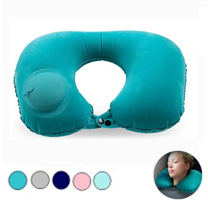 Flannel Press Inflatable U Shaped Pillow Ergonomic Supportive 18s Quick Inflate Foldable Neck Pillow for Travel Nap