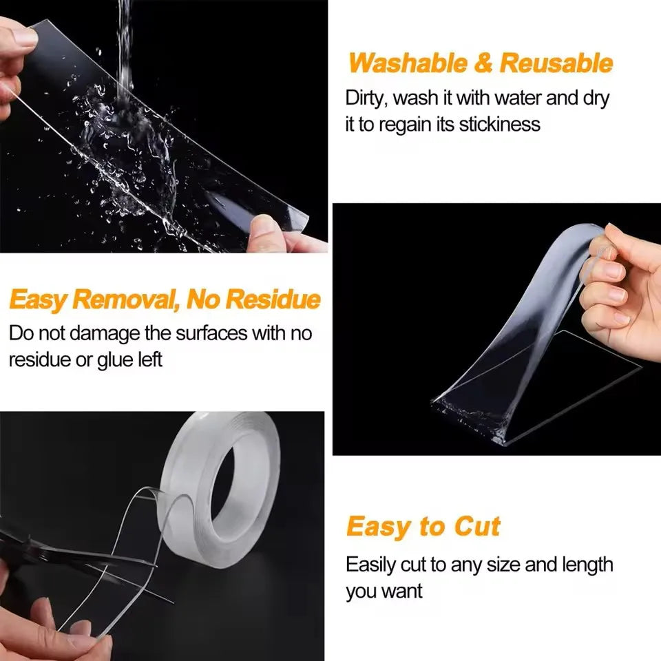 Nano super strong double-sided adhesive tape, waterproof reusable transparent tapes, heat resistance, home and bathroom decorati