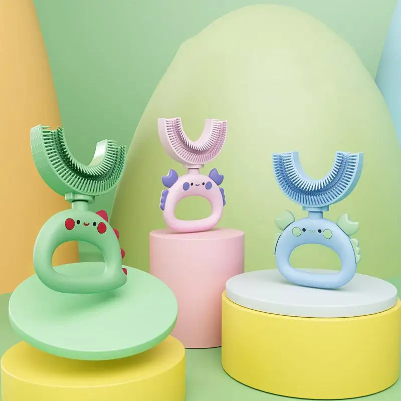 2pcs Dinosaur Tiger Crab Kids U-Shaped Silicone Toothbrush, Manual 360° Cleaning Brush, Baby Teething Toy, Oral Care Brush