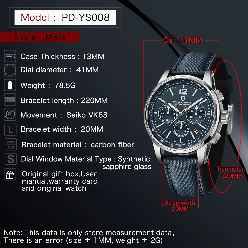 PAGANI DESIGN 2025 New Luxury Fashion Casual Men Quartz Watches VK63 100M Water Resistant Sapphire Glass Stainless Steel Watches