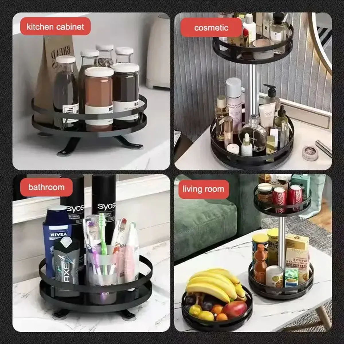 360° Rotation Carbon Steel Spice Rack Organizer Non-Skid Kitchen Storage Tray for Seasonings And Cans - Efficient Spice