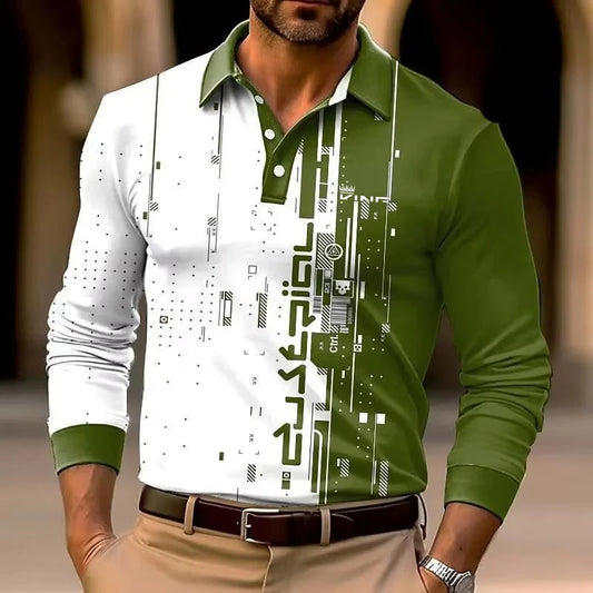 3D printed men's long sleeved polo shirt, suitable for business, leisure, and outdoor street wear in spring and summer