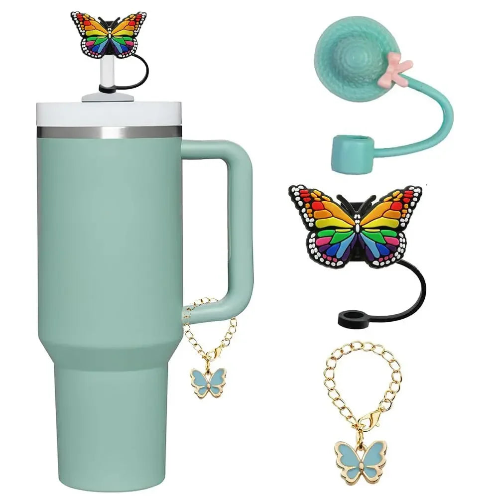 3pcs Accessories Set 1 Spill Proof Stopper Butterfly Straw Cover Boot 1 Straw and Brush and 1 Flower Charm Chain for Stanley Cup