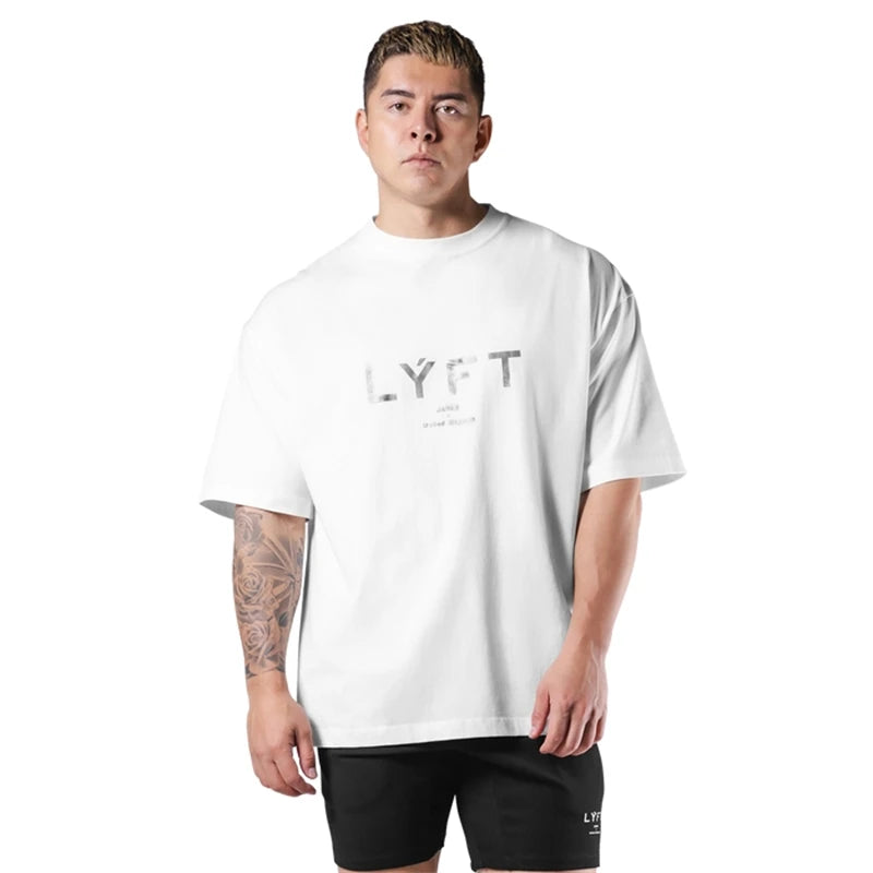 LYFT New Gym Short Sleeve Mens T Shirt Loose Fitness Muscle Men Tee Breathable Sports Training Shirts Casual Crew Neck Men's Top
