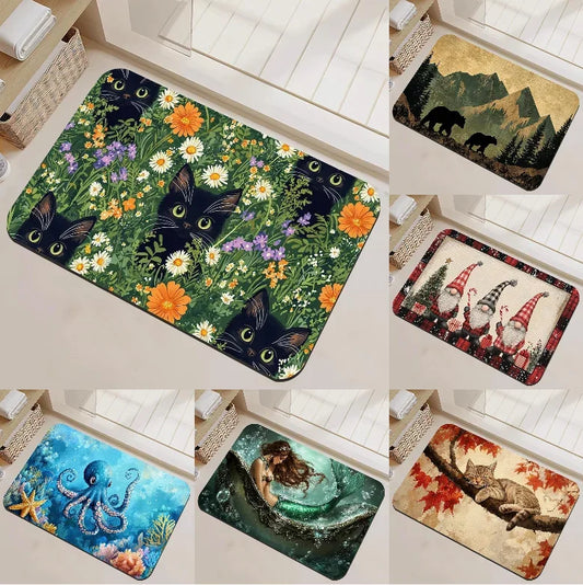 Black Cat Flower Bear Dwarf Door Mat Octopus Mermaid Maple Leaf Carpet Living Room Bedroom Bathroom Decorative Area Carpet