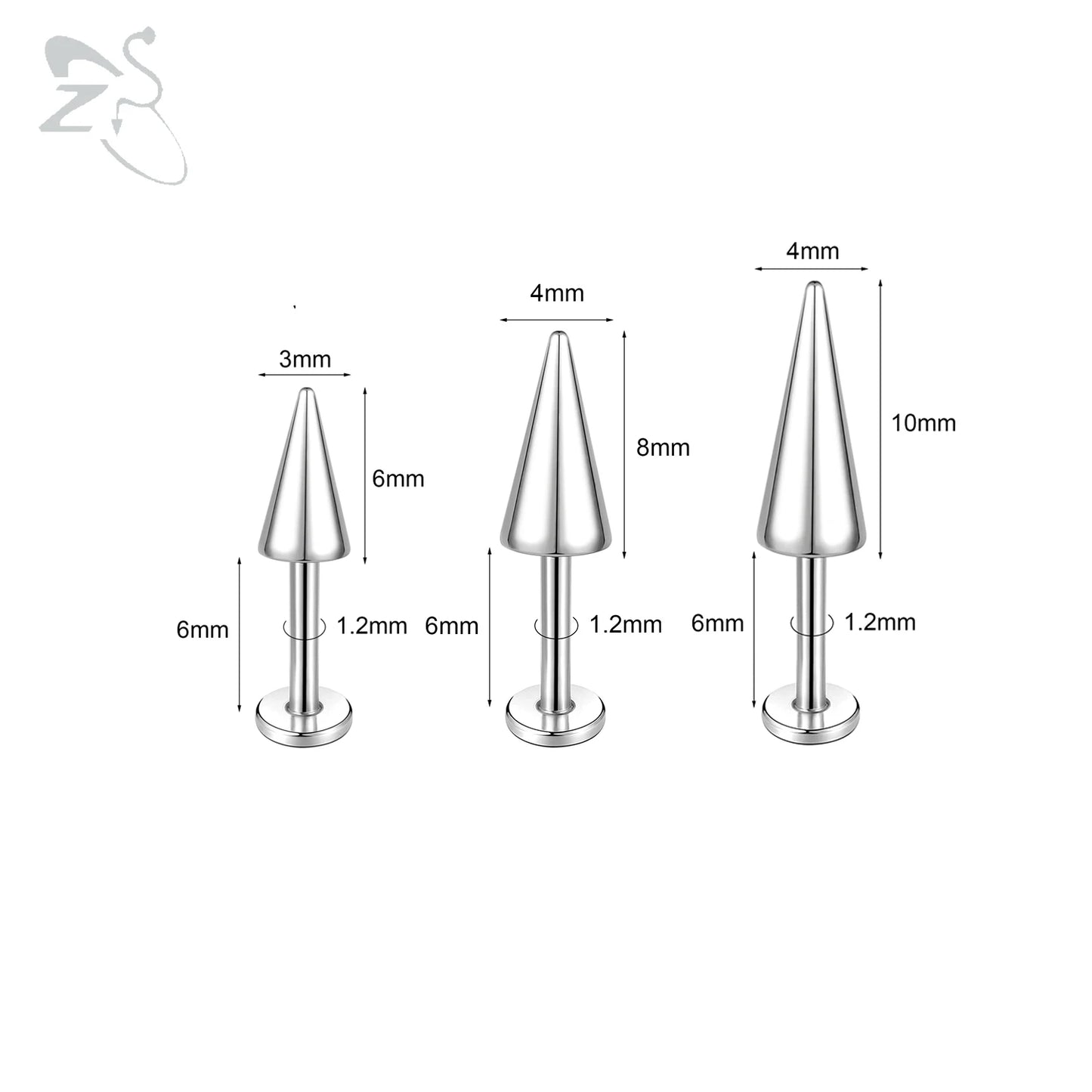 ZS 3pcs/lot 16g Cone Spike Labret Stud Surgical Steel Cartilage Earrings Black Color Barbell Piercing Tragus Helix Rook Jewerly