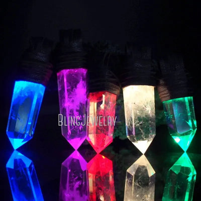 Black Leather Wrapped Rechargeable Light Up Led Crystal Quartz Point Pendant Witch Boho Goth Jewelry