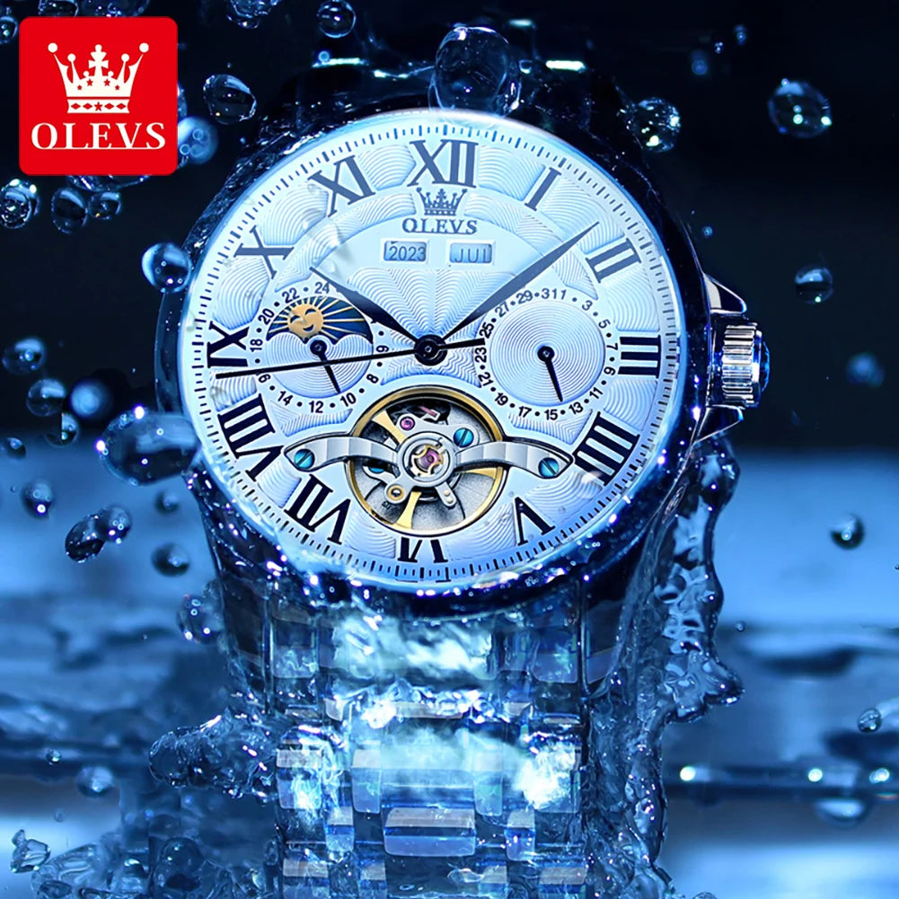 OLEVS 7013 Men's Watch Fashion Moon Phase Mechanical Watch For Men Waterproof Roman Scale Hollow Flywheel Automatic Hand Clock