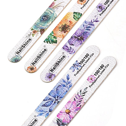 10pcs Set Wood Nail Buffer Reusable 100/180 Grit Smooth Straight Nail Files Floral Design Beautiful Nail Care Equipment