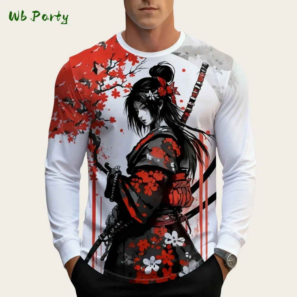 Japanese Long Sleeve Mens 3D Samurai Cartoon Pattern T-Shirt O-Neck Long Short Sleeve Breathable Style Streetwear Men's Clothing