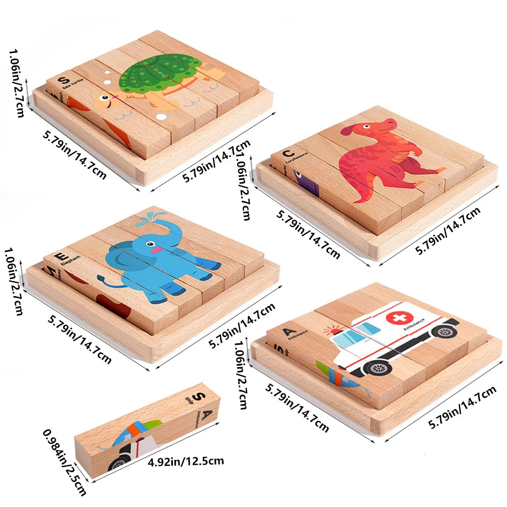 Wooden Stereoscopic Strip Animal Transport Building Blocks, Traffic Dinosaur Puzzle Enlightenment Toy, 4-sided Pattern Puzzle
