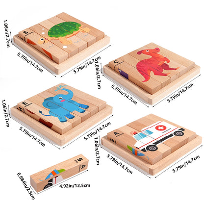 Wooden Stereoscopic Strip Animal Transport Building Blocks, Traffic Dinosaur Puzzle Enlightenment Toy, 4-sided Pattern Puzzle