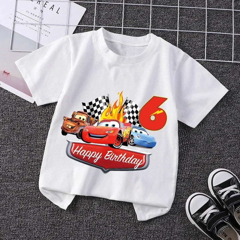 Lightning Mcqueen T-shirt for Boy Kids Clothes Birthday Number 1-9 Print Cars Tees Children Clothing Party Wear Cotton Tops Gift
