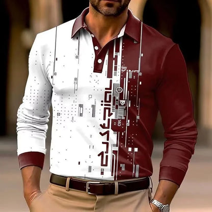 3D printed men's long sleeved polo shirt, suitable for business, leisure, and outdoor street wear in spring and summer