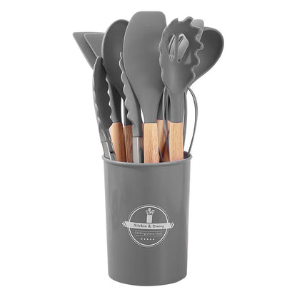 12PCS Silicone Kitchen Utensils Set Non Stick Cooking Tools Wooden Handle Spatula Turner Egg Whisk Baking BBQ Heat Resistant
