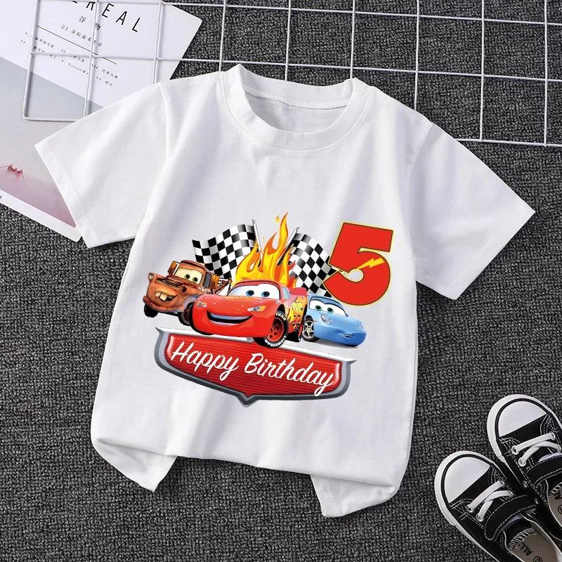 Lightning Mcqueen T-shirt for Boy Kids Clothes Birthday Number 1-9 Print Cars Tees Children Clothing Party Wear Cotton Tops Gift