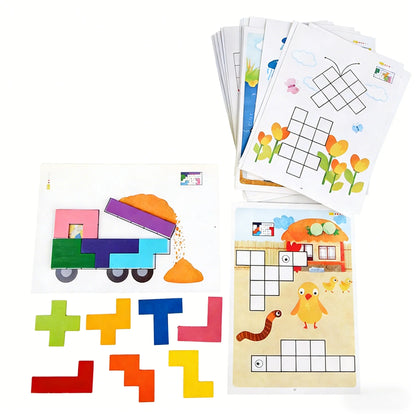 Wooden Shape Matching Puzzle Table Game Tangram Math Toys Building Blocks Board Geometric Shape Sorting Toy Colorful Puzzle Toy