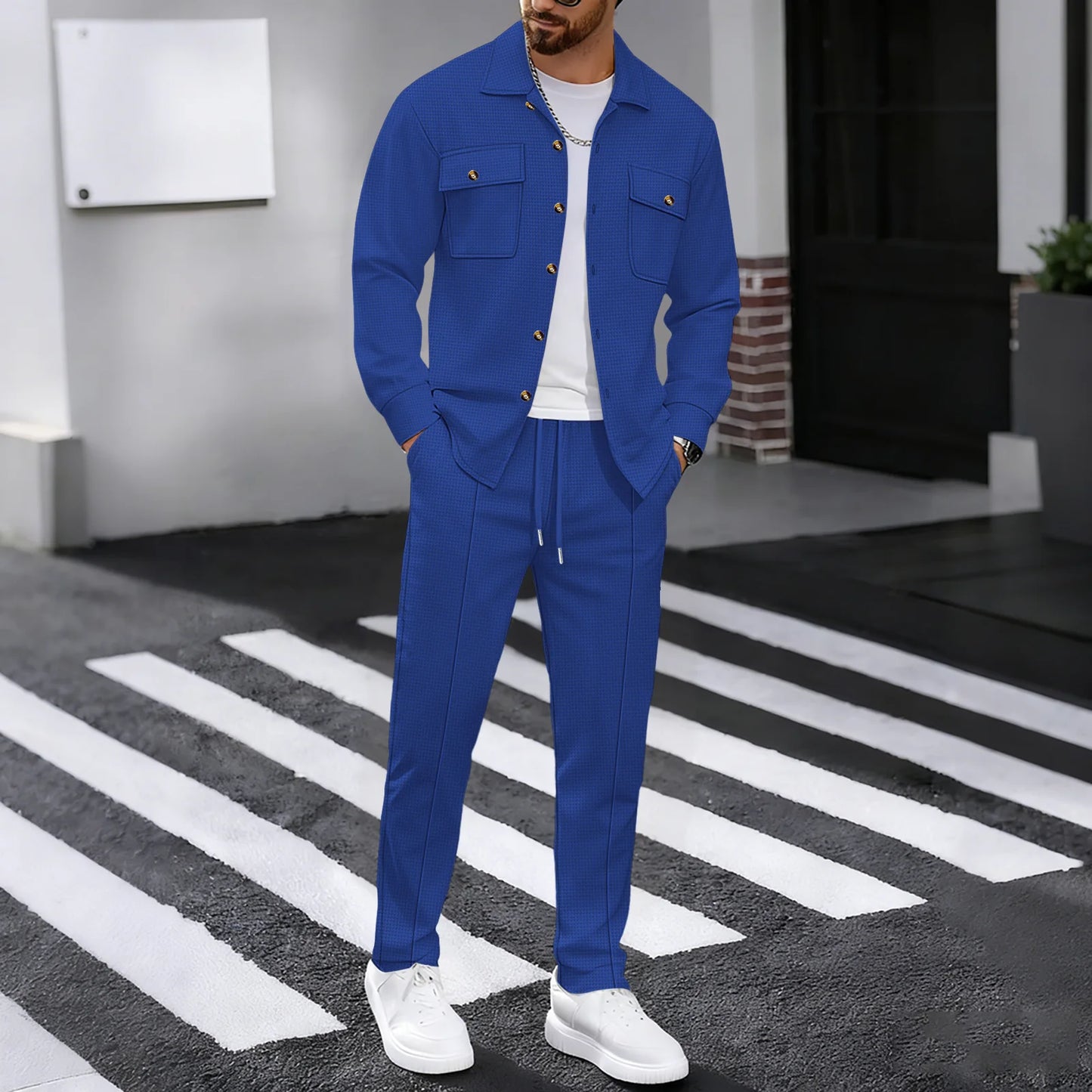 New Men's Four Seasons Outdoor Trendy Casual Waffle Solid Color workwear Button Pocket Coat Collar Top Pants Two Piece Set