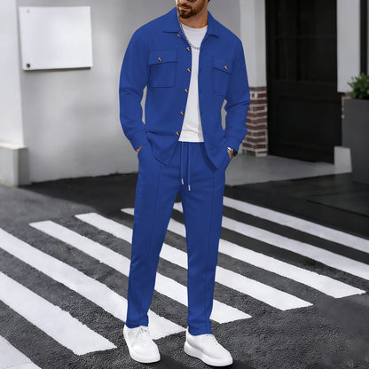 New Men's Four Seasons Outdoor Trendy Casual Waffle Solid Color workwear Button Pocket Coat Collar Top Pants Two Piece Set