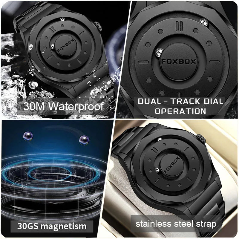 FOXBOX Creative Men's Quartz Wristwatches Outdoor Sports Waterproof Scrolling Pointer Magnetic Force Watch Men Relogio Masculino