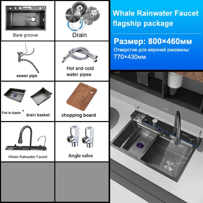 Stainless Steel Kitchen Sink Multifunctional Digital Display Waterfall Large Single Slot With Rack For Knife Wash Dish Basin