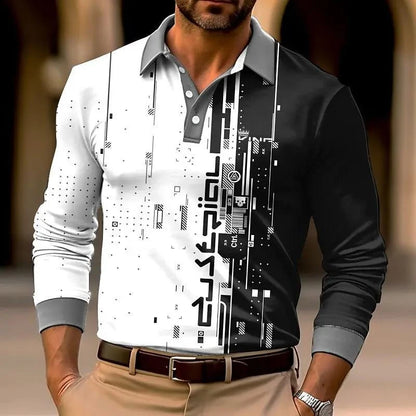 3D printed men's long sleeved polo shirt, suitable for business, leisure, and outdoor street wear in spring and summer