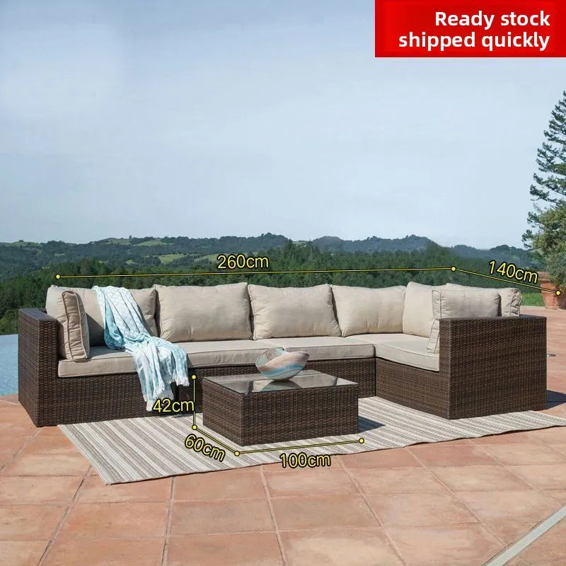 Rattan Garden Furniture Set, Outdoor Corner Sofa Couch, Handwoven Rattan Patio Conversation Set, Cushions and Glass Table