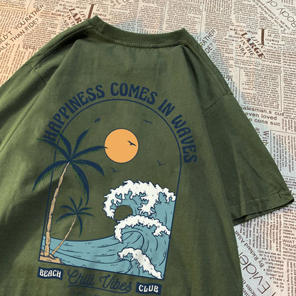 Happiness Comes In Waves Printing Men Women Clothes Fashion Loose Tops Creativity Casual T Shirt Pattern Loose Tshirts Couple