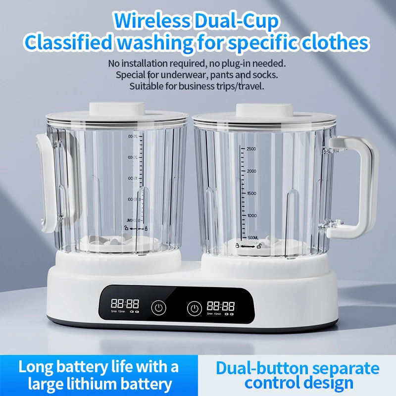 Portable Wireless Dual-Cup Washing Machine U10 8000mAh Rechargeable 2.5L×2 IPX4 Waterproof Mini Laundry Washer