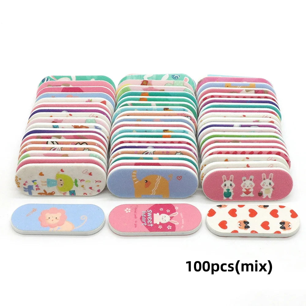100pcs Cute Cartoon Nail Files Print Mini Double-Sided Nail File Set Sponge Buffer Cuticle Care Buffing Sticks Beauty Tools