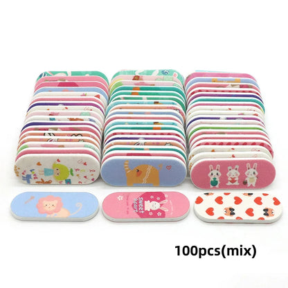 100pcs Cute Cartoon Nail Files Print Mini Double-Sided Nail File Set Sponge Buffer Cuticle Care Buffing Sticks Beauty Tools