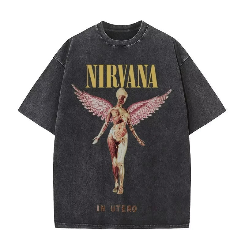 Nirvana rock band men's Retro cotton Washed Tee In Utero album man Women's oversized Y2K distress Tshirt Casual Loose streetwear