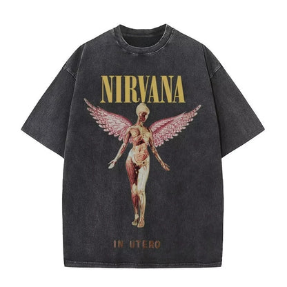 Nirvana rock band men's Retro cotton Washed Tee In Utero album man Women's oversized Y2K distress Tshirt Casual Loose streetwear