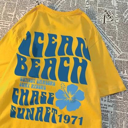 Ocean Beach Chase Sunset 1971 Loose Men Women Tshirts Pattern Tee Clothes Summer T Shirts Harajuku Loose Cotton Couple T-Shirt