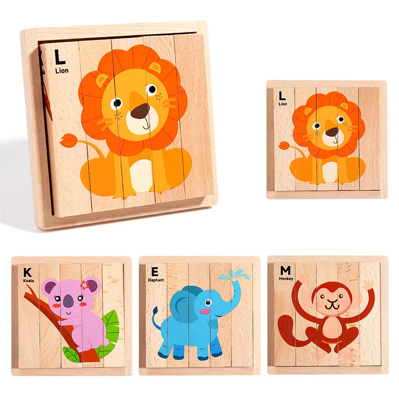 Wooden Stereoscopic Strip Animal Transport Building Blocks, Traffic Dinosaur Puzzle Enlightenment Toy, 4-sided Pattern Puzzle