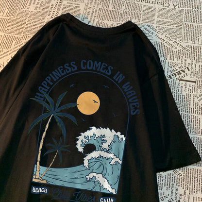 Happiness Comes In Waves Printing Men Women Clothes Fashion Loose Tops Creativity Casual T Shirt Pattern Loose Tshirts Couple
