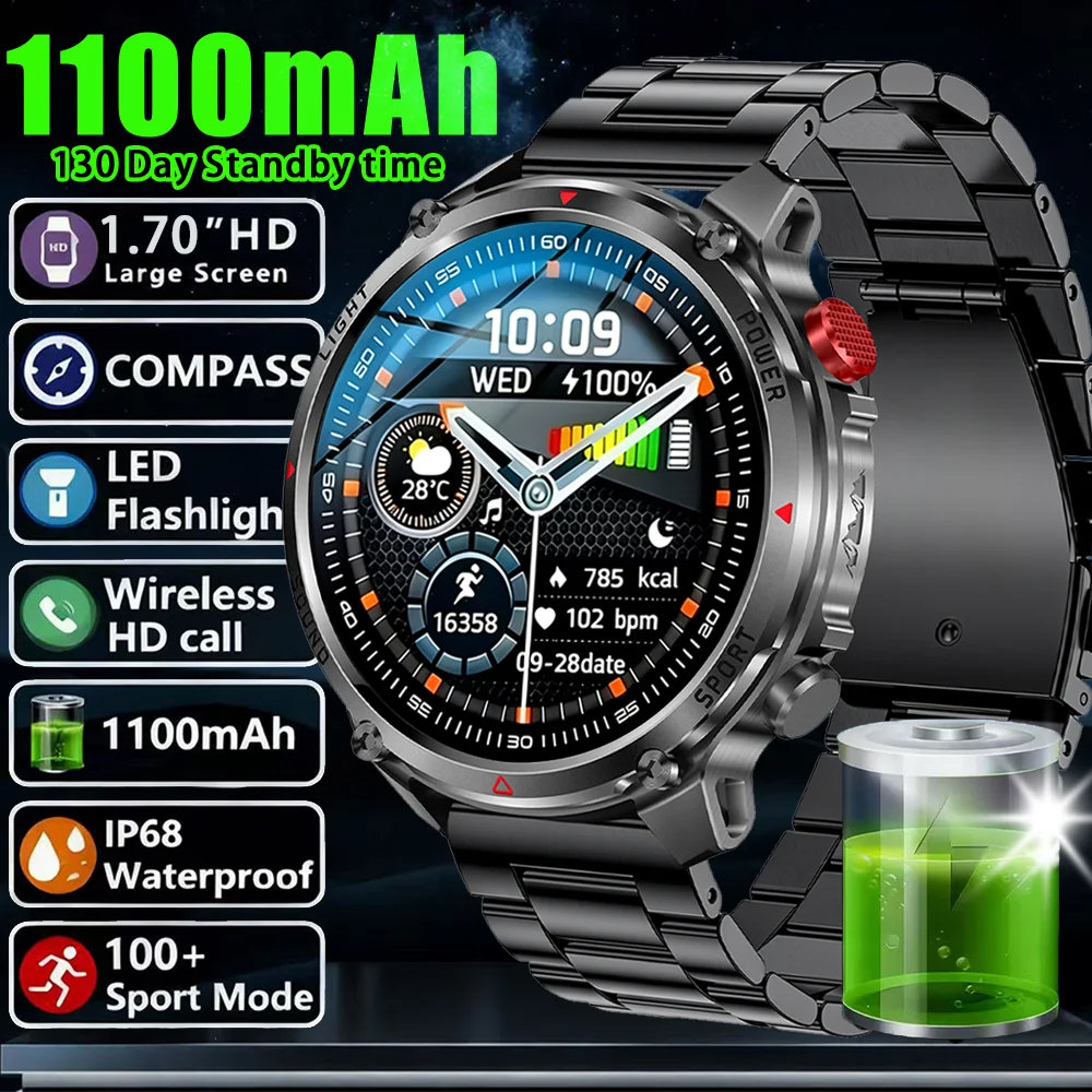 1100mAh Super Capacity Battery Military Outdoor Smart Watch Men 1.7inch Screen Compass Bluetooth Call 3ATM Waterproof SmartWatch