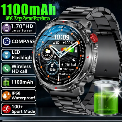 1100mAh Super Capacity Battery Military Outdoor Smart Watch Men 1.7inch Screen Compass Bluetooth Call 3ATM Waterproof SmartWatch