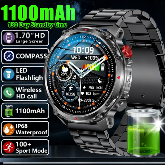 1100mAh Super Capacity Battery Military Outdoor Smart Watch Men 1.7inch Screen Compass Bluetooth Call 3ATM Waterproof SmartWatch