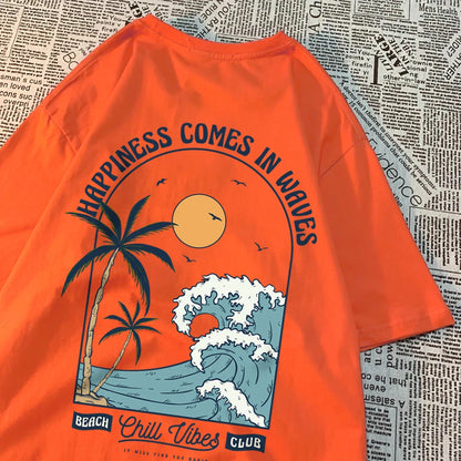 Happiness Comes In Waves Printing Men Women Clothes Fashion Loose Tops Creativity Casual T Shirt Pattern Loose Tshirts Couple