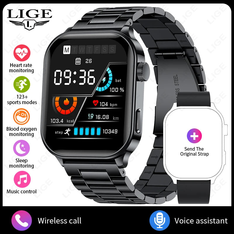 LIGE NEW Smart Watch Daily Monitoring Voice Assistant Wireless Call Notification Music Control Men Women Waterproof Smartwatch