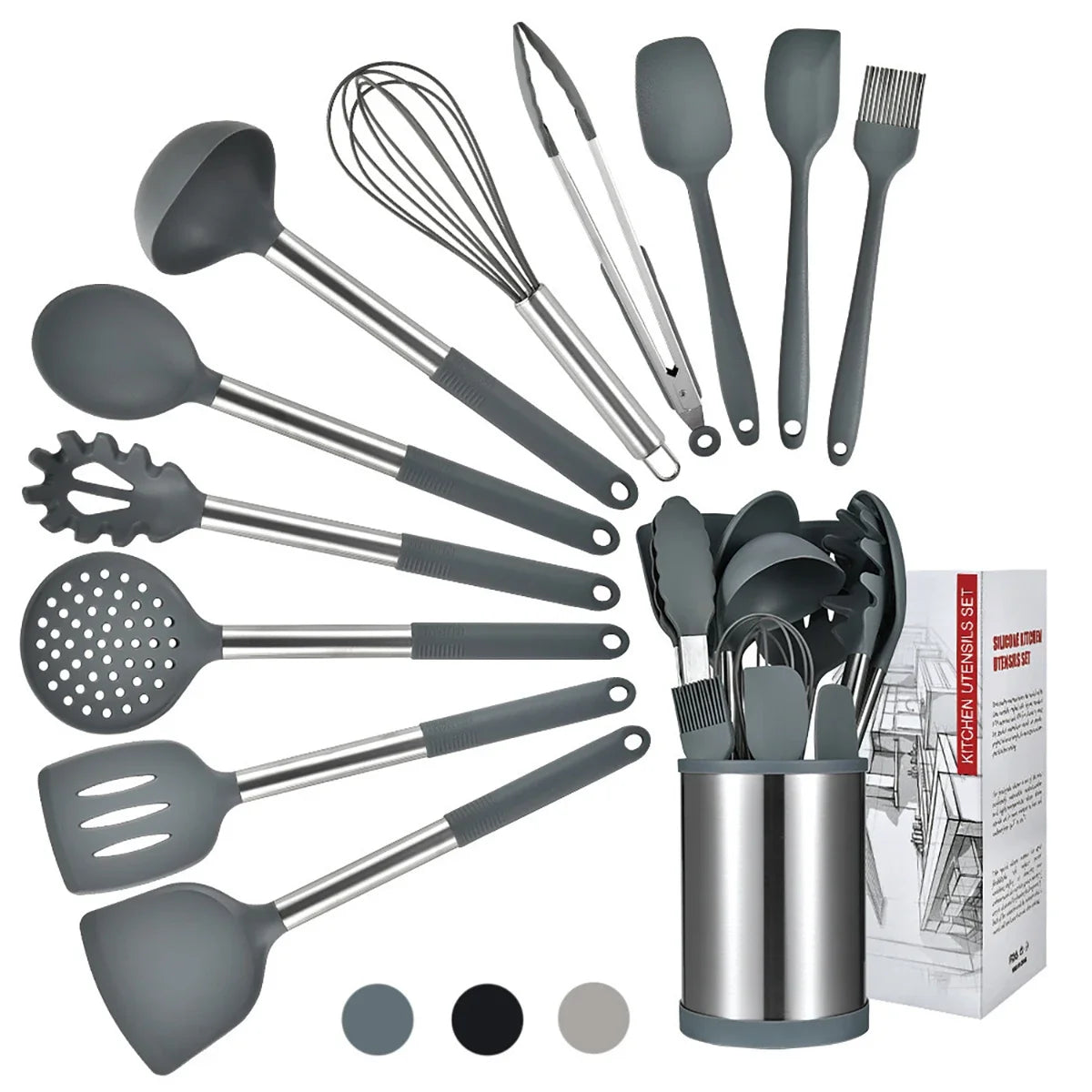 12Pcs Silicone Kitchenware Set Non Stick Stainless Steel Spatula Soup Spoon Kitchen Utensils Rotating Storage Bucket Eggbeater