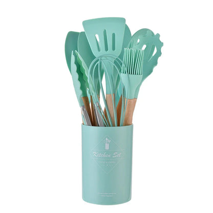 12PCS Mint Green Silicone Kitchen Utensils Set with Wooden Handle, Non-Stick Cooking Tools & Utensil Holder Organizer