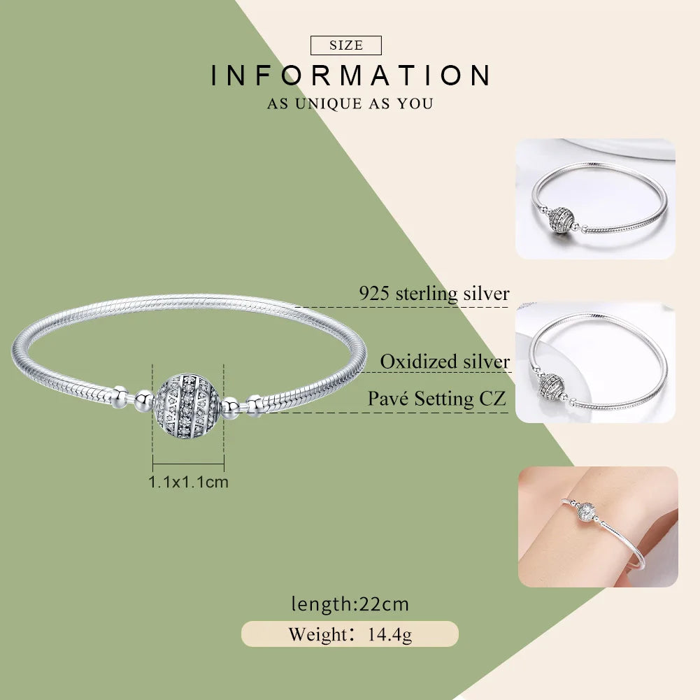 Bamoer 100% 925 Sterling Silver Dazzling Clear CZ Round Clasp Snake Chain Flower Clasp Bracelet Fine Jewelry SCB062