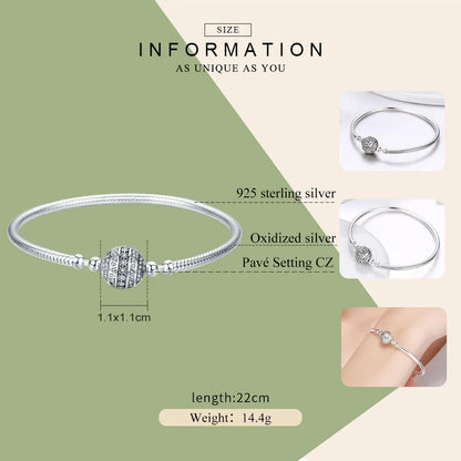Bamoer 100% 925 Sterling Silver Dazzling Clear CZ Round Clasp Snake Chain Flower Clasp Bracelet Fine Jewelry SCB062